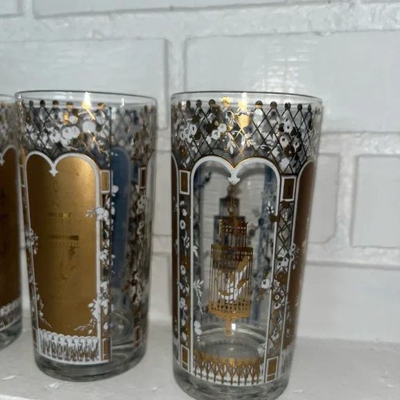 Vintage MCM 22 Karat Gold Rocks Glasses Blue Birdcage Set of 4 Georges Briard - Picture 4 of 14
